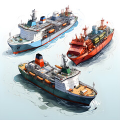Fototapeta premium stylized 2D isometric depiction of cargo ships, with bold outlines and vibrant colors, giving modern and graphic appeal against clean white canvas. AI Generated, Generative AI