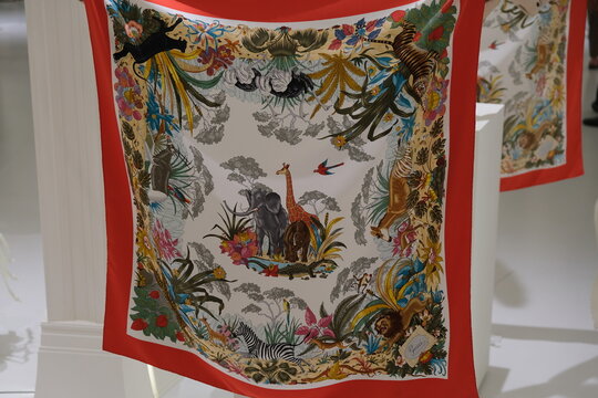 Shanghai,China-June 3rd 2023: close up Gucci silk scarf with safari print by Vittorio Accornero de Testa. Old Gucci product on exhibition