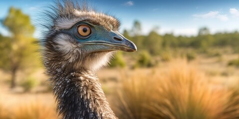 Emu perched in front of a beautiful background