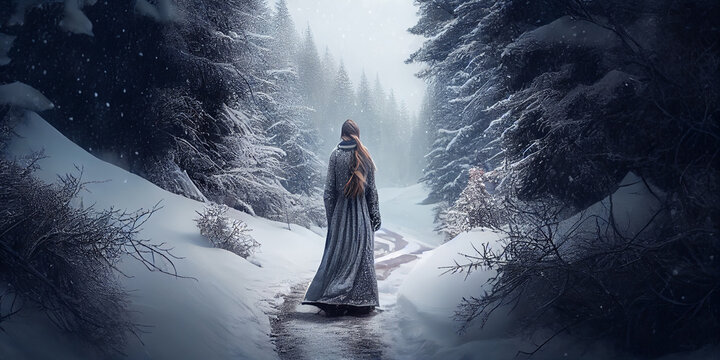 Princess on the path in a fabulous winter evening snowy forest, view from the back. Generative AI