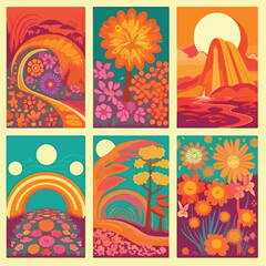 Collection of bright groovy posters 70s. Retro poster with psychedelic flowers and planet vintage prints, isolated