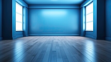 Blue Empty Wall and Wooden Floor with Interesting Light Glare