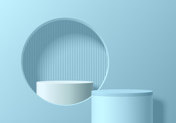 3D blue cylinder podium background with white podium in circle window and vertical pattern wall scene. Minimal mockup product stage showcase, banner promotion display. Abstract vector geometric forms.