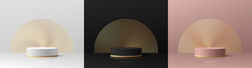 Set of 3D black, silver and pink gold cylinder pedestal podium background with golden circles radial. Abstract luxury minimal wall scene mockup products display. Stage showcase. Vector geometric form.