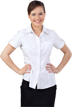 Happy Young Businesswoman Standing with Habd on Hips - Isolated