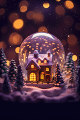 winter wonderland with little town and Christmas tree inside a snow globe , snowing, festive.