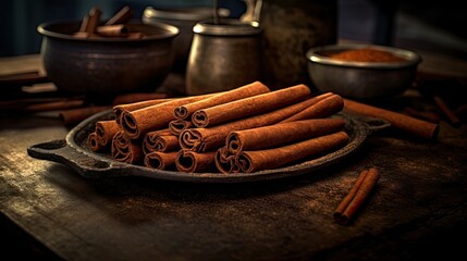 Fototapeta na wymiar Cinnamon sticks on top of a table