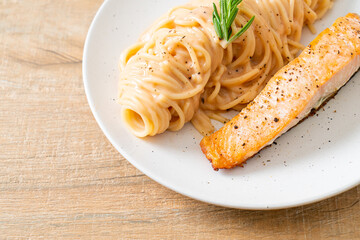 grilled salmon with spaghetti creamy tomato sauce