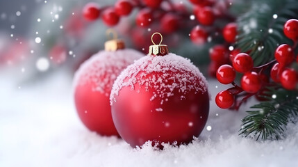 Christmas red balls on a background snow-covered fir branches. Generative Ai