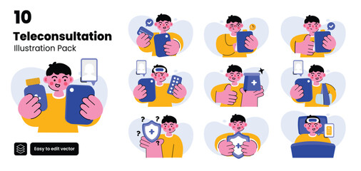 Insurance and teleconsultation concept illustration. Set of people vector illustrations in various activities of teleconsultation, policy, Insurance document, claim cashless, member
