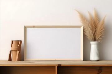 Horizontal wooden frame mockup for photo, print, painting, artwork presentation, boho style decorations, wooden shelf. 
