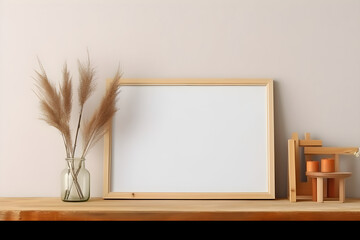 Horizontal wooden frame mockup for photo, print, painting, artwork presentation, boho style decorations, wooden shelf. 