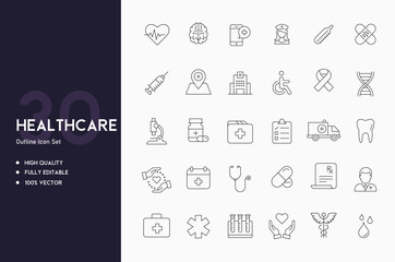 Healthcare icon set thin line icons collection with 
 fully editable stroke vector illustration with the basic icons of healthcare and medical field