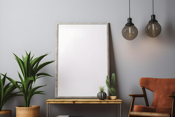 Empty poster frame in cozy interior. Frame mockup