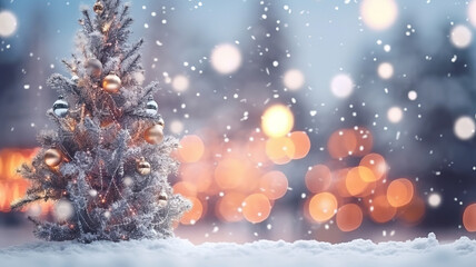 Fototapeta na wymiar Christmas winter blurred background. Xmas tree with snow decorated with garland lights. Generative Ai