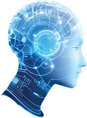 Robotics and AI  in Dark blue color,  Robot face and Brain create by electrical wire and line track.. Machine Learning Artificial intelligence,. Humanoid head. Future concept. Female android face