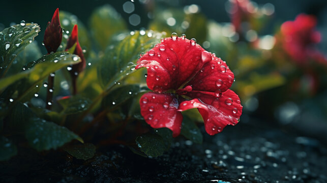 red flower with water drops HD 8K wallpaper Stock Photographic Image