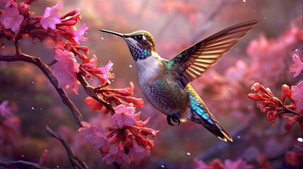 Fototapeta premium Delightfully Beautiful Bird Hummingbird In Flight Over Flowering Plants In Spring