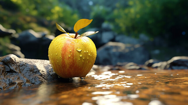 yellow apple on the ground HD 8K wallpaper Stock Photographic Image