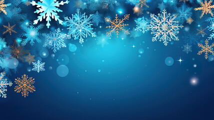 Fototapeta na wymiar Blue Christmas winter background with snowflakes on wood. Generative Ai