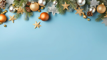 Christmas frame top border made of fir tree branches, golden decorative stars. Generative Ai