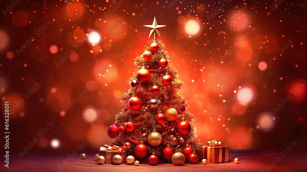 Poster Christmas tree in lights on red background- soft focus and bokeh. Generative Ai