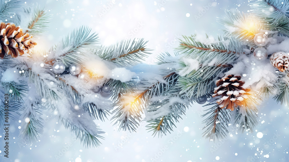 Poster evergreen brunch of spruce tree with snow on it in forest. generative ai