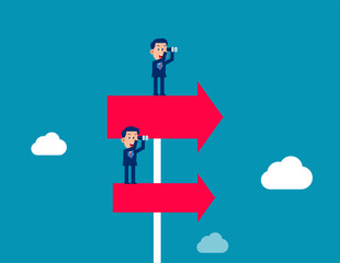 Team standing on arrows of different heights and holding binoculars to look into the distance. Business vector illustration