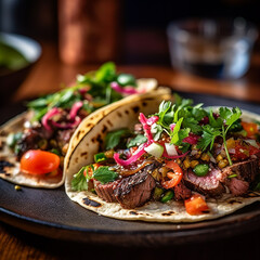 Mexican beef tacos with vegetables and salsa on wooden background, close up - obrazy, fototapety, plakaty