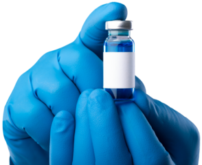 New coronavirus vaccine in doctors' or nurses' hands in blue rubber gloves.