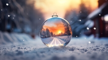 Fototapeta Happy snowman in the christmas bauble over the winter. Generative Ai obraz