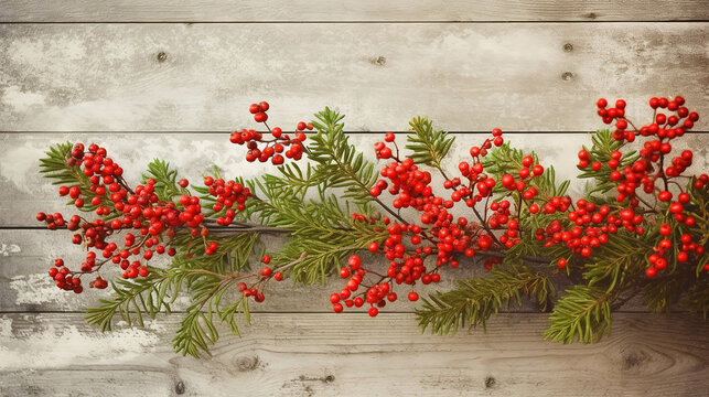 Christmas Holiday Evergreen Pine Branches and Red Berries Over Wood Background. Generative Ai