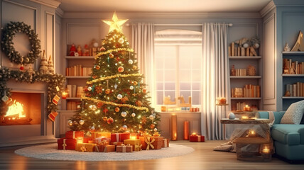 Fototapeta na wymiar interior christmas. magic glowing tree, fireplace, gifts in dark. Generative Ai