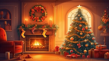 interior christmas. magic glowing tree, fireplace, gifts in dark. Generative Ai