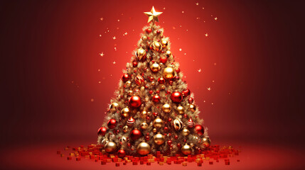 Beautifully decorated Christmas tree and many gift boxes on red background. Generative Ai