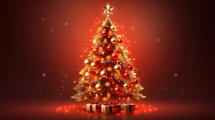Fototapeta na wymiar golden and silver lights with christmas tree on red background. Generative Ai