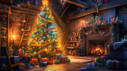 interior christmas. magic glowing tree, fireplace, gifts. Generative Ai