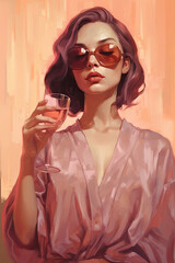 Obraz premium Beautiful woman dressed in pink and amber holds a glass in her hand created with Generative AI technology