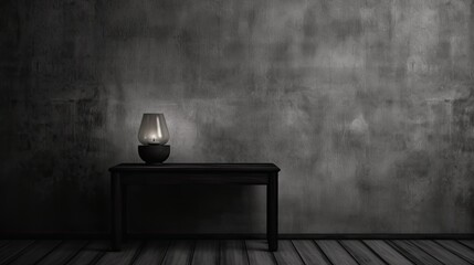 Minimalist Presentation Background with A Table and A White Lamp Against A Black Textured Wall