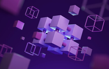Interconnected digital block technology on purple background