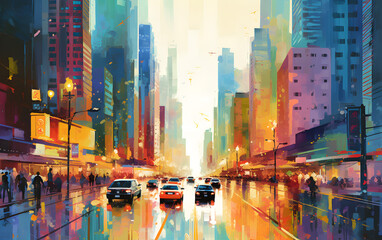 A city street brought to life through artistic illustration, perfect for various creative projects.