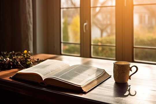 Open bible with a cup of coffee for morning devotion on wooden table with window light