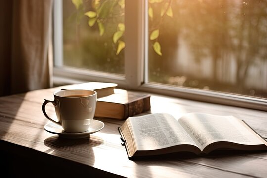 Open bible with a cup of coffee for morning devotion on wooden table with window light