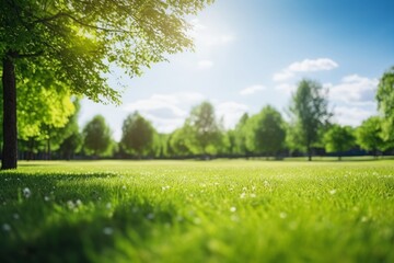 Meticulously manicured lawn embraced by lush trees and shrubs on a radiant summer day. This picturesque scene of spring and summer nature encapsulates the serenity and natural beauty of a countryside 