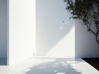 White Wall with Tree and Shadow, Minimal Abstract Background, AI Generated Image