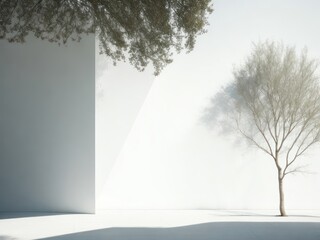 White Wall with Tree and Shadow, Minimal Abstract Background, AI Generated Image