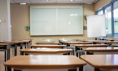 classroom, school classroom without students with empty chairs and tables, wallpaper, Business conference room, background, Empty defocused university classroom, Ai Generate 