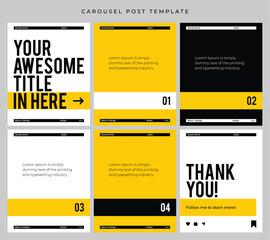 Carousel post template for social media. Good for microblog, continuous slide contents Etc. Six page in portrait frame, modern simple minimalist style with white, yellow and black color theme.