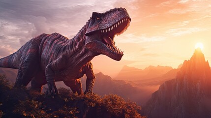 Tyrannosaurus rex on top of a mountain with a sunset background