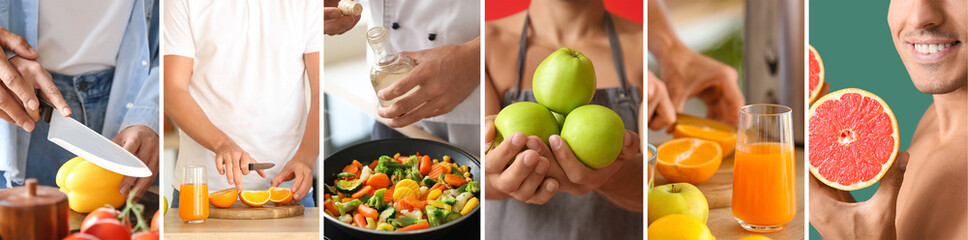 Collage of men with healthy food. Diet concept